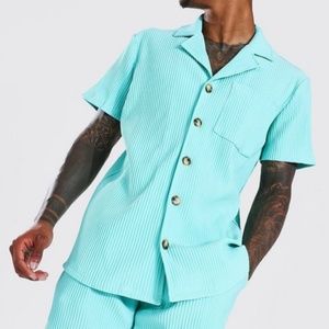 Boohoo Man Teal Short Sleeve Pleated Shirt and Short Coordinated Set